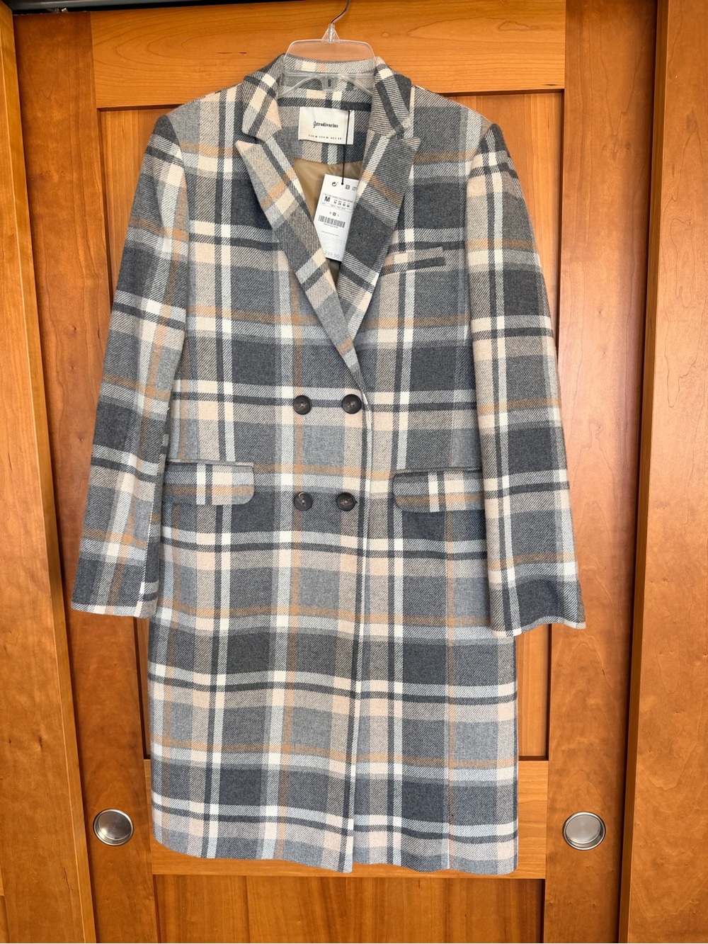 stradivarius Gray, Tan & White Plaid Double-Breasted Pea Coat